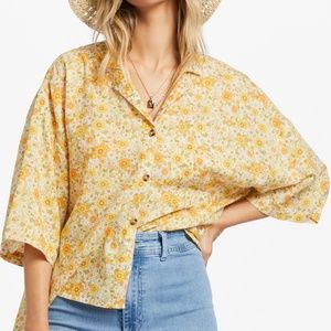 Billabong All Good Button-Down Top Yellow Floral Print Shirt Size S